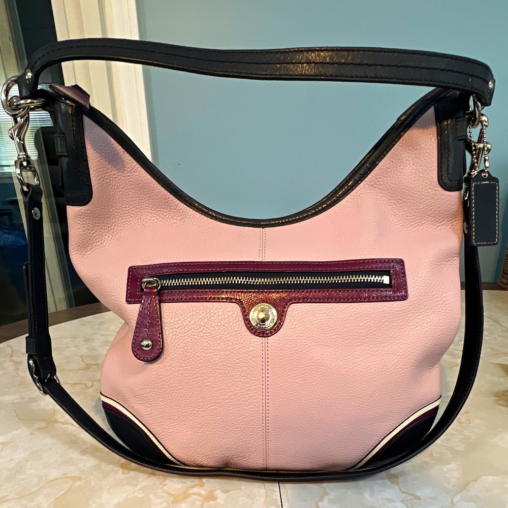 Coach violet and Navy Pebbled Hobo Bag Large Zip Detachable Strap Silver RARE